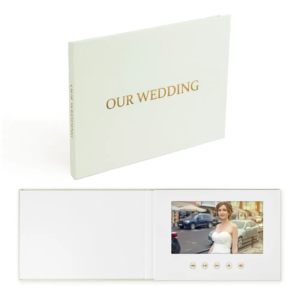 DIY custom OUR WEDDING GOLD FOIL 7inch hd ips linen-bound wedding lcd screen video book