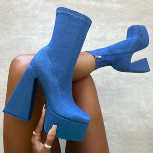 Soft Denim Women High Heels Platform Short <b>Boots</b> Square Toe Custom Materials Jeans Ankle Booties Fancy Ladies Shoes - Product Image 6