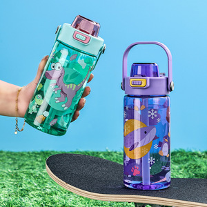 Cartoon Kids Water Bottles With Straw Flip Top <b>Plastic</b> <b>Drinkware</b> For Outdoor Activities Bpa Free With Strap - Product Image 2