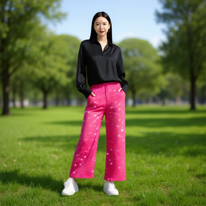 J643 Pantaloni Larghi da Donna a Vita Alta, Lunghezza alla Caviglia, in Raso Stampato a Pois, Vestibilità Ampia, Casual Estivi con Tasche e Coulisse - Product Image 2