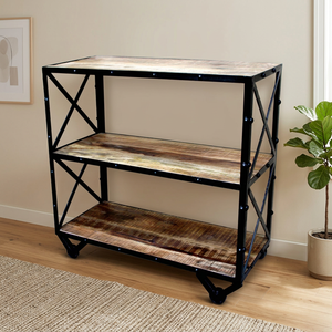 Industrial Wooden 3-Tier Display <b>Shelf</b> Rack with Metal Frame Rack and Wheels for Living Room Farmhouse Furniture - Product Image 2