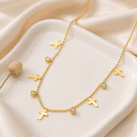 Collier multi-breloques en acier inoxydable inaltérable avec chaîne à billes dorée et gouttes de cristal colorées, bijoux tendance pour femme