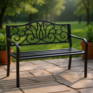 Banc de jardin extérieur 50 pouces, structure en acier métallique, dossier floral, mobilier de patio noir, style traditionnel, résistant à l'eau - Product Image 2