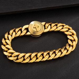 Pascua Fe Regalos Cruz León Brújula Joyería antideslustre 18K Chapado en oro Acero inoxidable Hombres Miami Cuban Link Chain Bracelet - Product Image 1