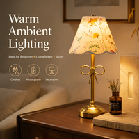Lámpara de Mesa LED Recargable Inalámbrica con Decoración de Lazo y Pantalla Floral Dorada, para Iluminación Ambiental en Dormitorios y Salas de Estar, Venta al Por Mayor