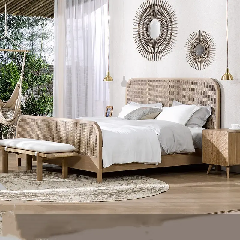 Simple modern wood classic hotel hotel bed oak oversize rattan furniture