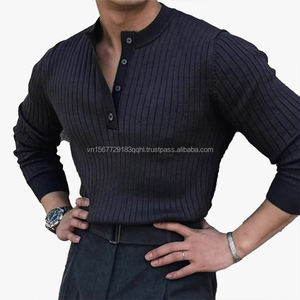 Camiseta de punto de manga larga a rayas de marca de moda, estilo italiano, casual de negocios, corte ajustado, versátil, para hombre, gris oscuro - Product Image 2