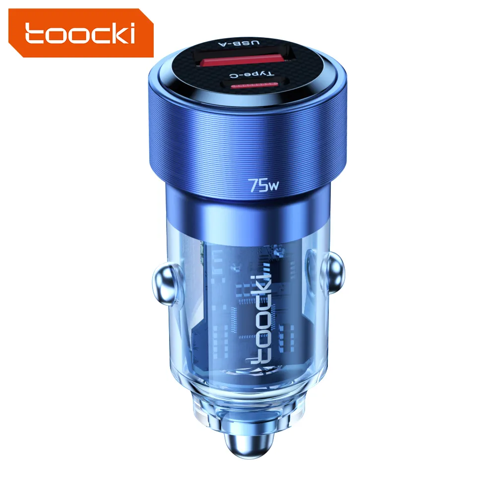 Toocki High Quality Multiple Protocols Compatibility pd 75w transparent usb dual usb type c car charger for Tablet