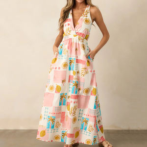 Vestido halter con cuello en V, estampado tropical multicolor rosa playa, hecho a medida, vestido de playa de rayón lujoso para mujer - Product Image 3