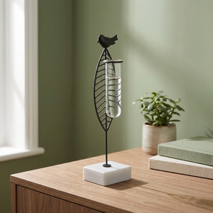 Vase de table moderne en métal avec motif d'oiseau, hauteur 39 cm, noir, porte-fleurs décoratif avec insert en tube de verre - Product Image 6