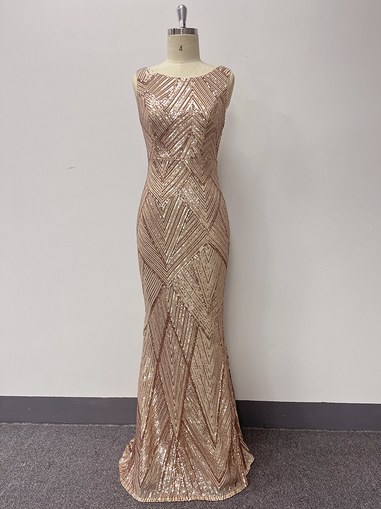 Women's Evening Dress - Gold Prom Mermaid Gown with Sequins, Sleeveless V-Neck Design, Perfect Formal Party Attire. Women's Evening Dress - Gold Prom Mermaid Gown with Sequins, Sleeveless V-Neck Design, Perfect Formal Party Attire.