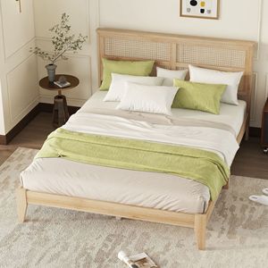 Lit en rotin et bois massif, style nordique moderne minimaliste, lit plateforme double, couleur jaune clair, structure assemblable - Product Image 1