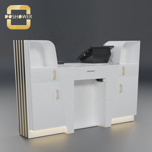 โต๊ะรับแขกสีทองแบบกำหนดเองพร้อมเคาน์เตอร์ต้อนรับแบบ <span class=keywords><strong>L</strong></span>-Shap แผนกต้อนรับส่วนหน้าสำหรับโต๊ะต้อนรับแคชเชียร์สีขาวแวววาว - Product Image 5