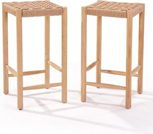 Modern Industrial <b>Bar</b> <b>Stools</b> Kraft Paper Cord Seats Rubberwood Legs <b>Adjustable</b> Feet for Home Hotel Dining Bedroom Set of 2 - Product Image 4