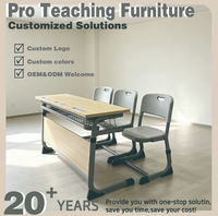 Ensemble de bureau et chaise d'école avec plateau en bois, table d'étude double avec chaises grises, mobilier de classe à hauteur fixe