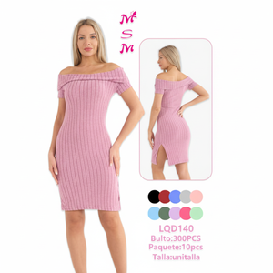 Vestido corto entallado con hombros descubiertos y abertura LKD148 para mujer, ideal para cócteles y fiestas, para todas las estaciones, tejido de punto, color rosa sólido. - Product Image 1