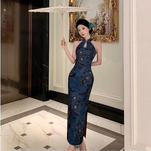 Nouvelle Robe Longue Slim Cheongsam Chinois Améliorée Sans Manches pour <span class=keywords><strong>Femme</strong></span>, Col Montant, Fendue, pour Banquet et Spectacle Scénique - Product Image 4