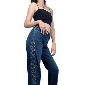 Pantalones Largos de Mezclilla con Diseño Personalizado, Cintura Media, Abertura Lateral, Tiras de Encaje, Estilo Flare, Sexy y Elegantes, con Abertura Alta y Cordones para Mujer - Product Image 4