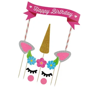 DIY गेंडा सींग खुश जन्मदिन का केक अव्वल बैनर किट के लिए बच्चों के जन्मदिन की पार्टी सजावट गेंडा चमक केक अव्वल