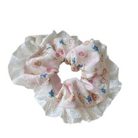 Scrunchie Besar Motif Kartun dengan Renda Modis untuk Anak Perempuan, Ikat Rambut Elastis Tinggi dengan Cetakan Bunga, Pilihan Logo Kustom