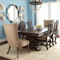 Ensemble de table à manger classique américaine en bois massif sculpté avec 6 chaises rembourrées en tissu