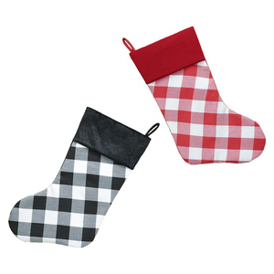 Factory Hot Selling Classic Plaid Hanging Xmas Sock Set Large Gingham Canvas Christmas Socks With Custom Pompom Drawstring - Product Image 1