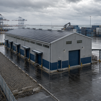 Entrepôt de fret portuaire, stockage de marchandises, consolidation logistique, transbordement, dépôt, bâtiment en structure métallique