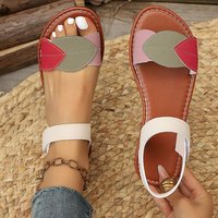 Sandales plates décontractées d'été pour femmes à bout ouvert avec bride cheville et patchs feuilles color block tendance