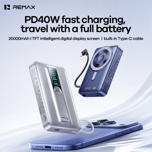 <span class=keywords><strong>REMAX</strong></span> พาวเวอร์แบงค์แม่เหล็กไร้สาย <span class=keywords><strong>20000mAh</strong></span> รองรับการชาร์จเร็ว PD40W 360 องศา °   ขาตั้งแบบพับได้ สายเคเบิล Type-C ในตัว จอแสดงผล TFT 15W 3 ช่อง - Product Image 1