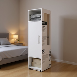 Armoire de rangement convertible en bois blanc DB, 2 tiroirs, 3 étagères, porte à charnières, style moderne minimaliste pour appartement et chambre - Product Image 2