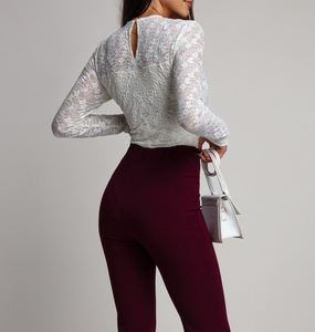 Hot bán của phụ nữ trắng ren dài tay áo Crew Neck <span class=keywords><strong>Slim</strong></span> Fit Top thanh lịch Sheer Floral Đảng Casual T-Shirt - Product Image 2