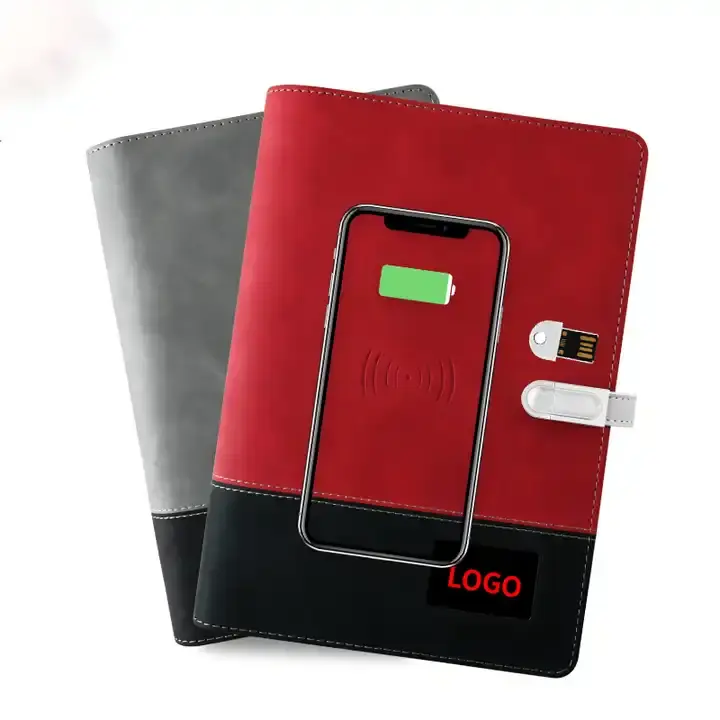 Moda 2 colori di tono power bank caricatore wireless riviste per regali notebook led logo diario con chiavetta usb