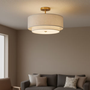 Lámpara de techo semiempotrada clásica dorada de 3 luces con pantalla de tela de lino para sala de estar, tamaño grande, diseño tradicional - Product Image 2