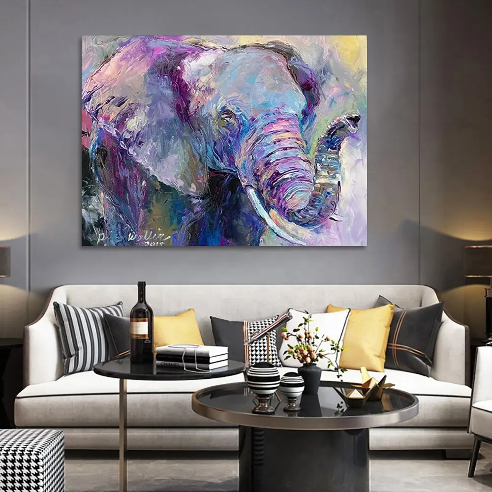 Elefante pintado a mano pintura al óleo arte de la pared color como lienzo arte sala de estar decoración del hogar pintura