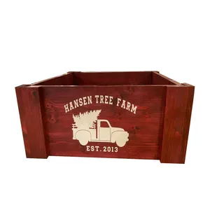 Christmas Tree Box Stand Home Decor Wooden Tree Skirt Box Red Festive Square Wooden Potted Plant Box
