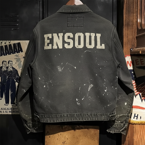 Áo khoác <span class=keywords><strong>bomber</strong></span> mùa đông kiểu trucker dành cho nam của nhà sản xuất ES, chất liệu vải cotton twill, vải canvas duck, kiểu dáng streetwear, phối họa tiết sơn bắn, kiểu dáng cũ kỹ. - Product Image 2