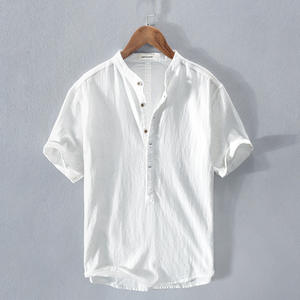 Jersey informal de verano 2025 para hombre, camisa sencilla de algodón y lino, bonito, holgado, con estampado juvenil, suministro de OEM/ODM, teñido liso - Product Image 2