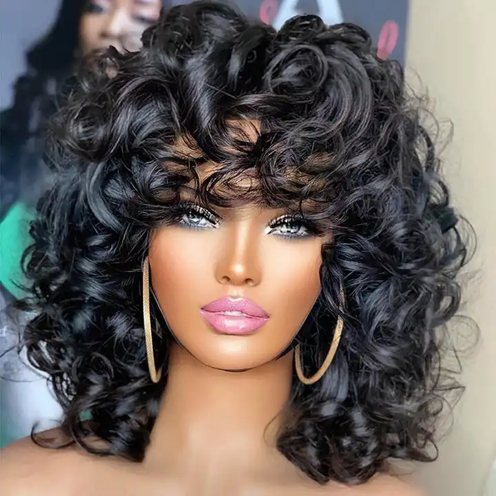 14" Short Bouncy Curly Bob Wig With Bang Rose Curly Machine Made Human Hair Wig For Black Women