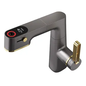 New Smart Led Display Temperature-Controlled Flow Pull Lift 360 Degree Rotation Pro Basin Faucet In Gun Gray