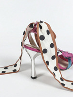 Sandales d'été sexy à talons hauts pour femmes, à bout ouvert carré, avec nœuds papillon, motif pois noirs et blancs, bride de cheville et lacets, couleur rose vif