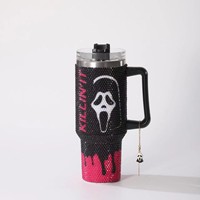 Vasos de Acero Inoxidable de 40 oz con Diseño de Diamantes de Halloween, Vasos Térmicos Portátiles con Asa, Vasos con Pedrería Brillante