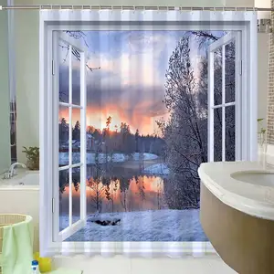 목욕 커튼 3d 인쇄 창 풍경 숲 샤워 커튼 180*200cm 방수 욕실 커튼 후크와 빨 직물