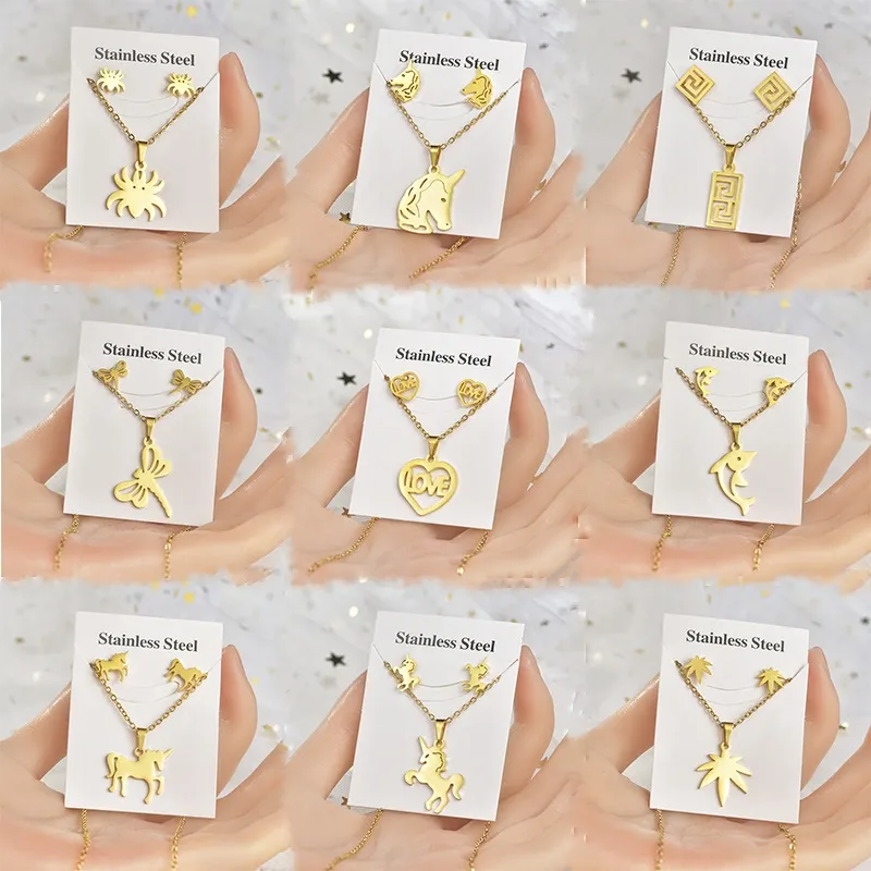 Fashion Gold Color Titanium steel Animal Pendant Necklace Earring Set For Woman Jewelry Set