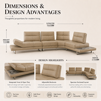 Canapé d'angle moderne en cuir véritable beige écologique avec dossier réglable et rembourrage en mousse pour appartements, hôtels et salons