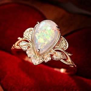 Anillo de Ópalo para Mujer A006, Forma de Pera, Piedra Preciosa Natural, Engaste de Garras, Diseño de Planta, Anillos de Compromiso de Moda - Product Image 2