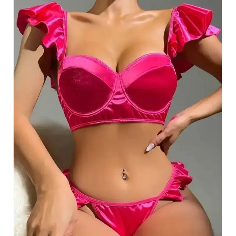 2024 kustom Femme Neon Pink Satin Babydoll Lingerie bertali Ruffle mewah Lingerie untuk seks seksi dewasa wanita