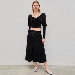 2026 Wholesale of high-end European and American design mid length casual lotus leaf <b>velvet</b> midi <b>skirt</b> - Product Image 3