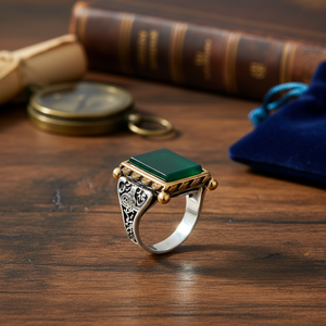 Square Cut Green Agate Gemstone Square Shape Authentic <b>Men</b> <b>Ring</b> Ottoman Signet Design Wholesale Handmade 925 Sterling Silver - Product Image 2