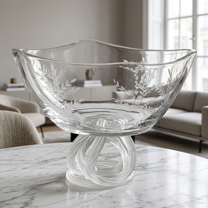 Bol en verre transparent sur pied avec motif de feuilles gravé et base torsadée - Product Image 4