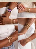 Ensemble de bracelets superposés en acier inoxydable 316L plaqué or 14 carats, maillons cubains et perles, pour femme, idéal comme cadeau - Vente en gros